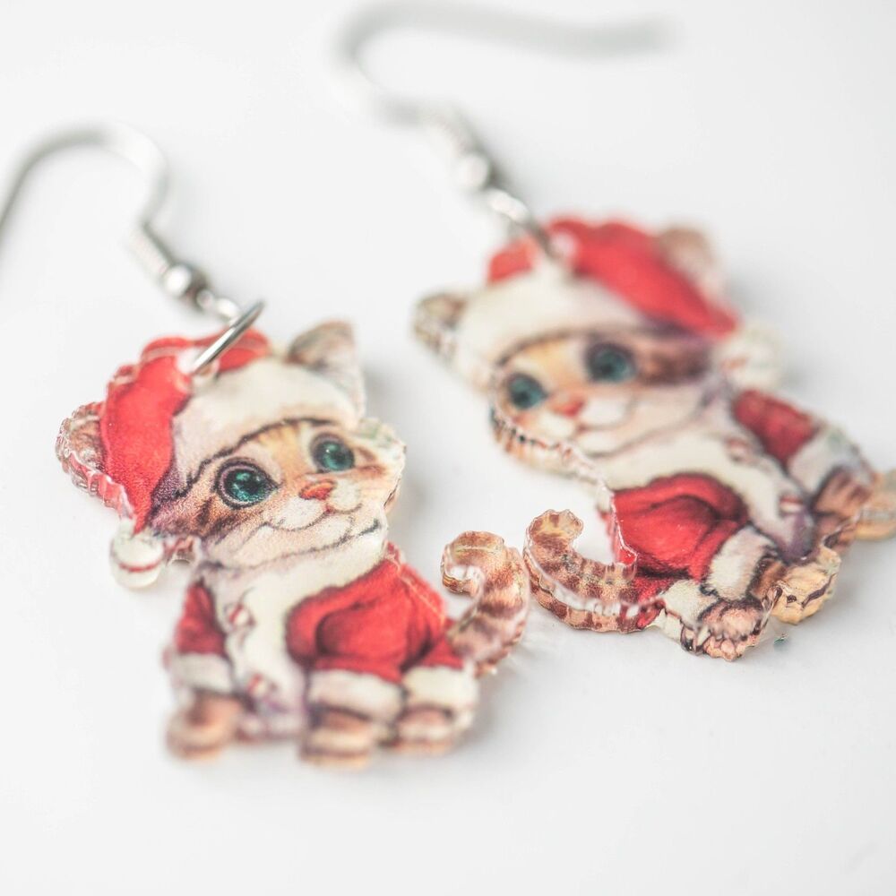Cute Vintage Christmas Santa Kitten Acrylic Dangle Earrings Holiday Cat Jewelry - Picture 2 of 5